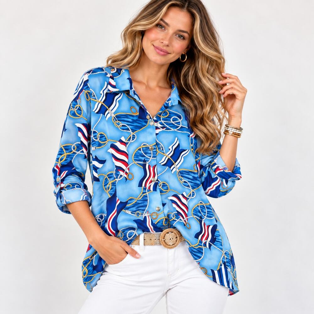 Susan Graver Patriotic Button-Up Blouse Womens Size 2X Blue Sails Casual Festive